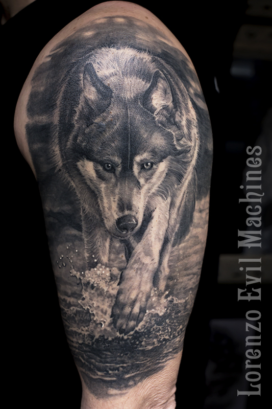 Lupo_wolf_animali_solitario_black_gray_sfumato_lorenzo_evil_machines_tattoo_tatuaggio_realistico_atuatore_roma_sito_best_migliore