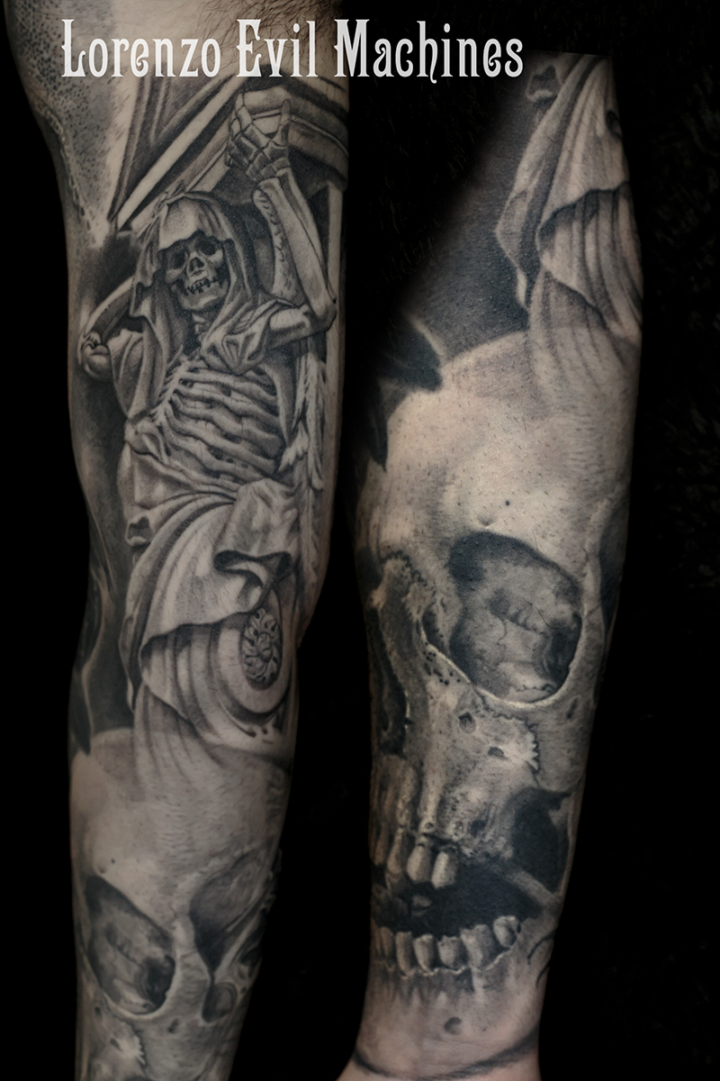 Skull_morte_angel_of_death_teschio_braccio_Lorenzo_tatuatore_Evil_Machines_realistic_tattoo_tatuaggi_realistici_3d_Roma_ritratti_best_migliore