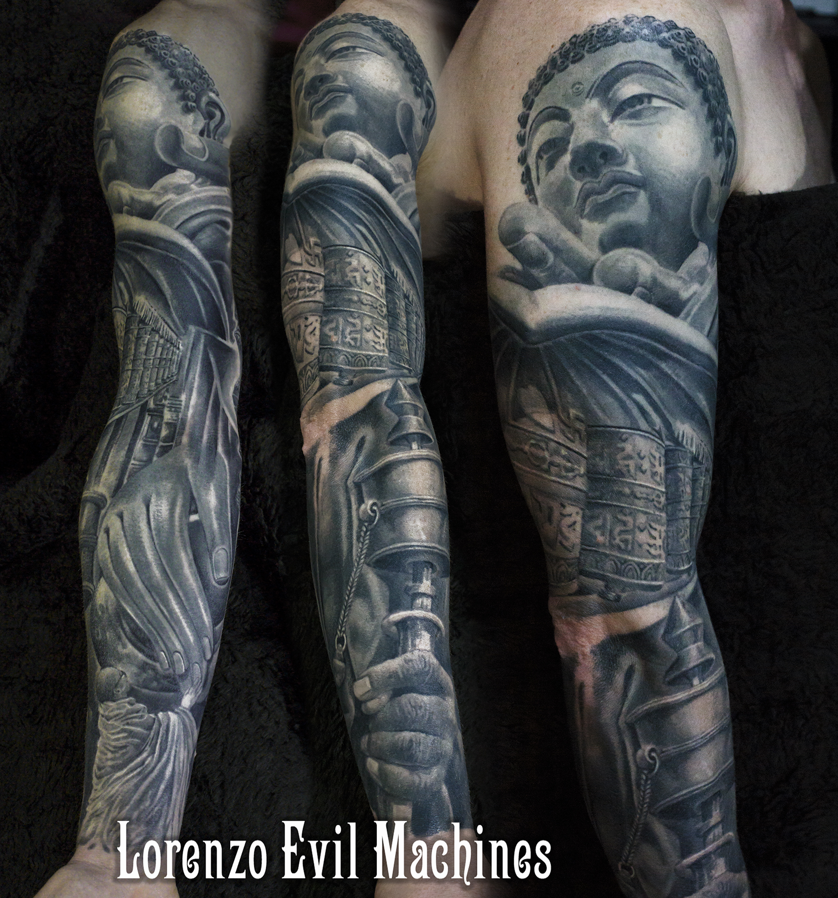 Buddha_Tibetan_Tibet_Holy_Monk_Bells_black_grey_Lorenzo_tatuatore_Evil_Machines_realistic_tattoo_tatuaggi_realistici_3d_Roma_migliore_best