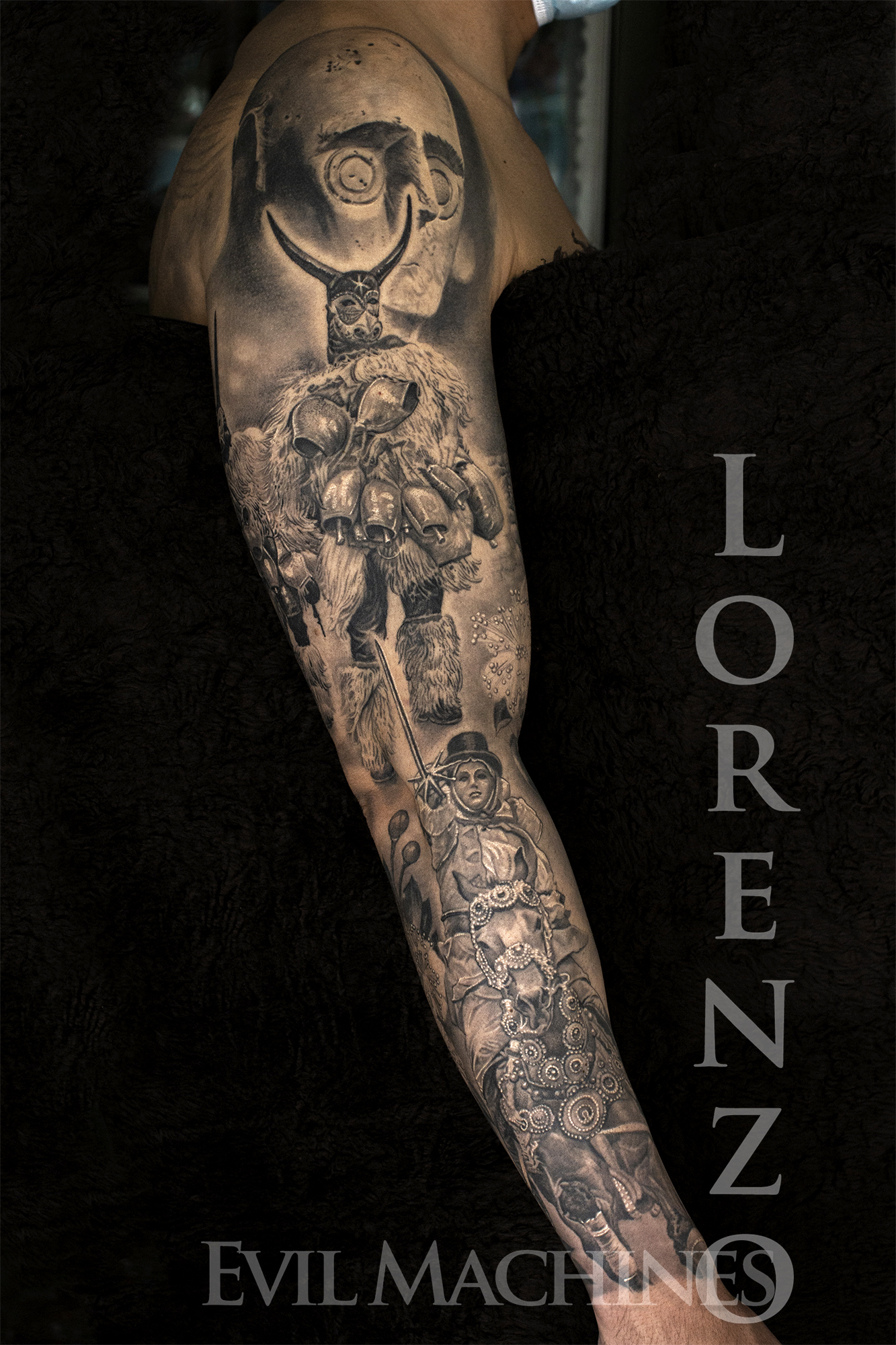 Braccio_sardinia_sardegna_tradizione_suboe_nuraghe_mamuthones_mirto_black_gray_3d_migliore_Lorenzo_Evil_Machines_realistic_tattoo_tatuaggi_realistici_Roma_firma