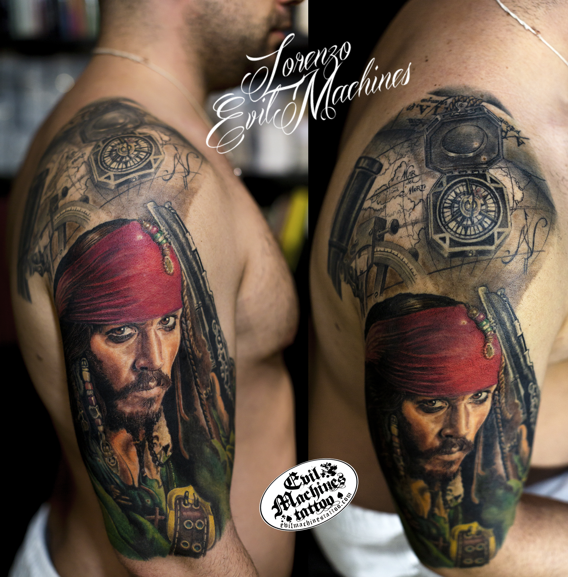 Pirati_dei_Caraibi_Johnny_Depp_Jack_Sparrow_color_Lorenzo_tatuatore_Evil_Machines_realistic_tattoo_tatuaggi_realistici_3d_Roma_miglior_migliore_ritratti